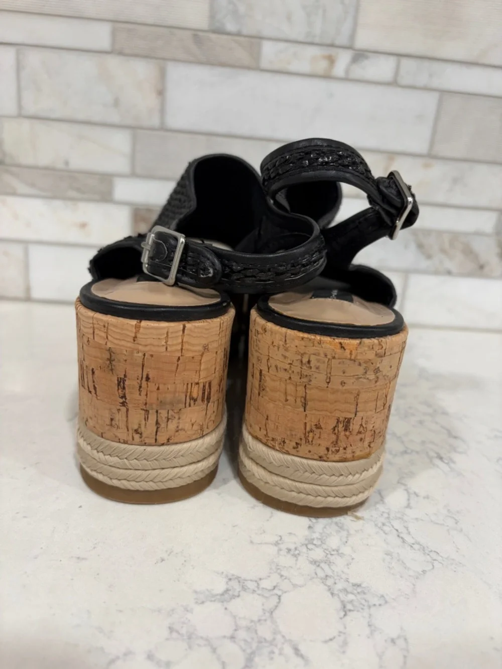 Steve Madden Women’s Black and Tan Woven Cork Wedge Platform Sandals Sz 7.5